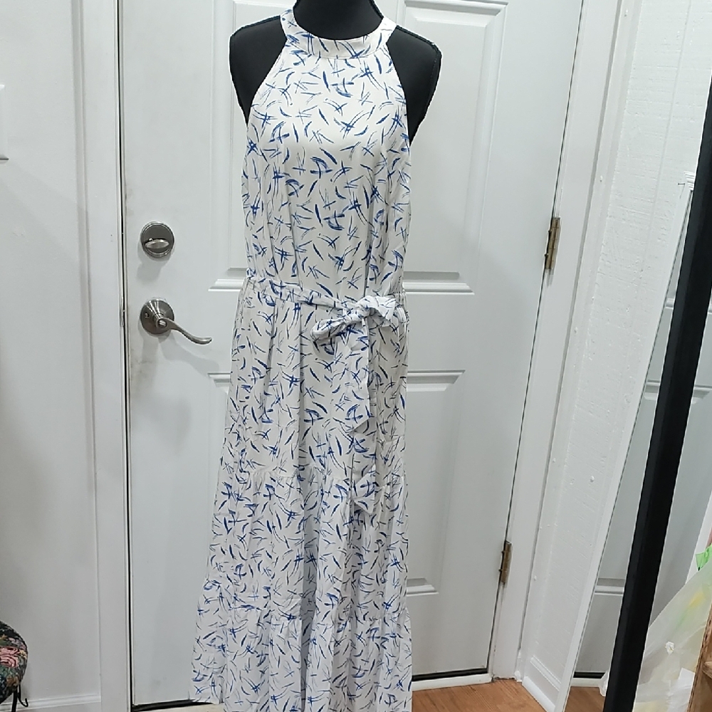 She and Sky Blue and White Patterned Maxi Dress